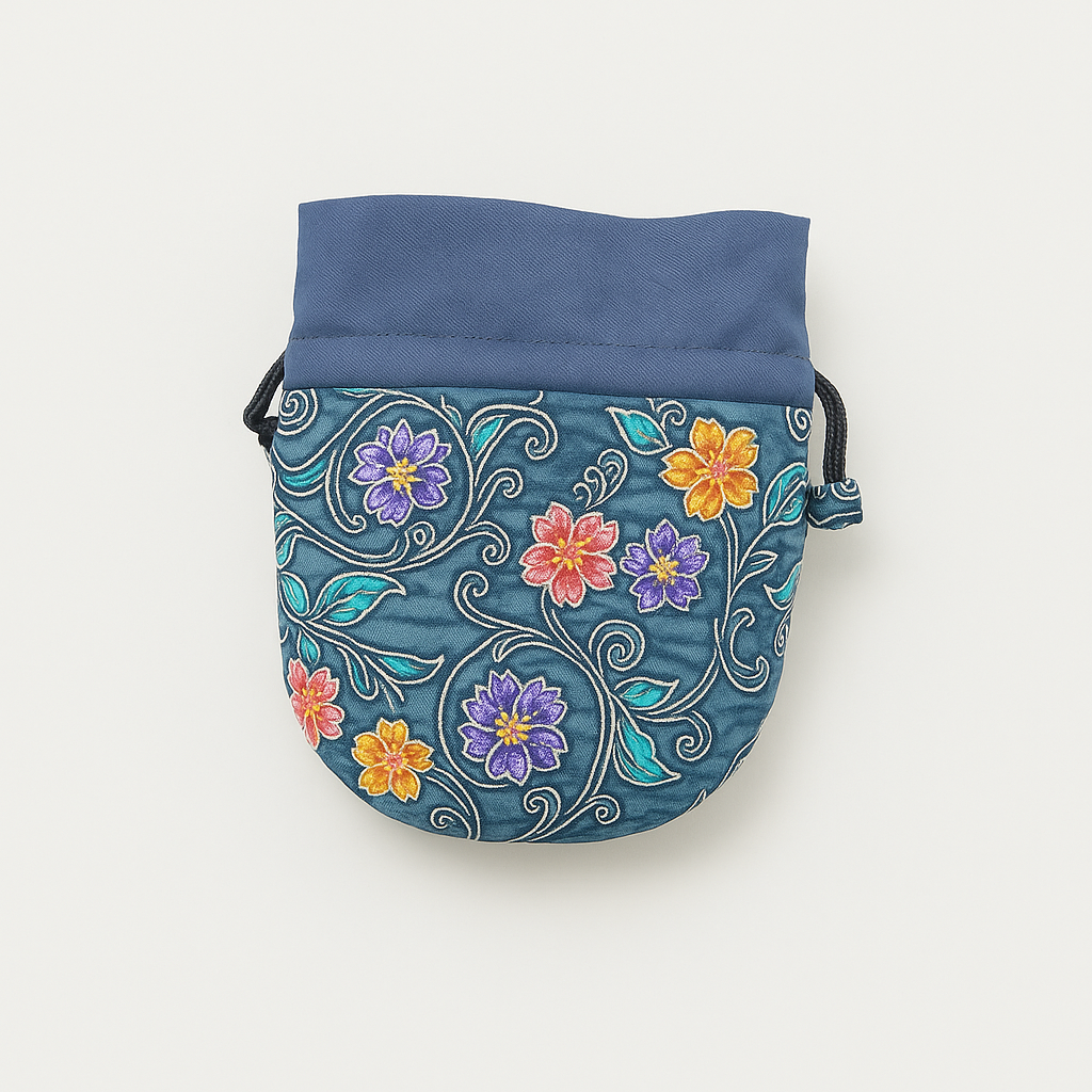 Batik Drawstring Pouch - Blue Floral