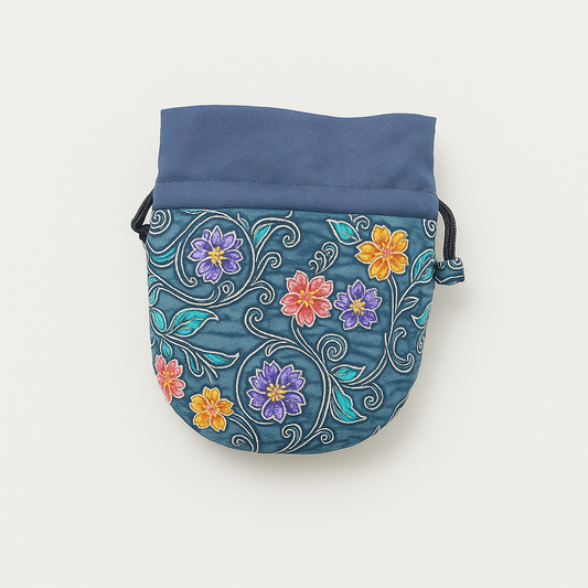Batik Drawstring Pouch - Blue Floral